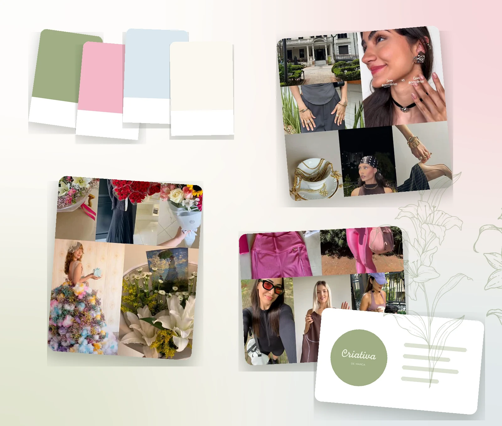 Moodboard de branding com paleta sage e blush